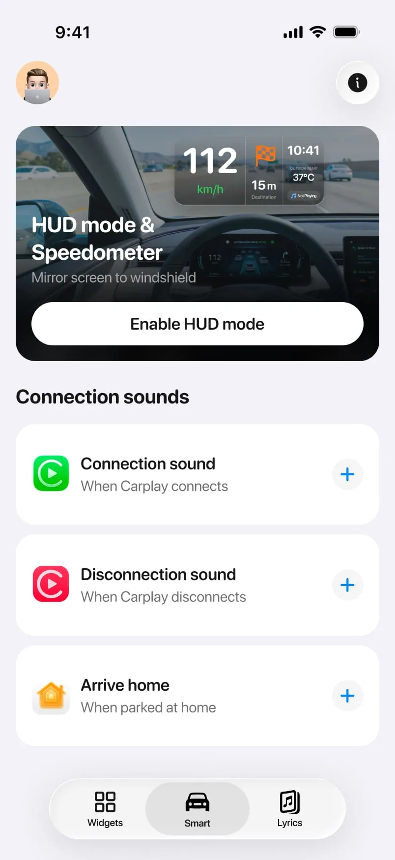 CARFACE app — Connection sounds screen