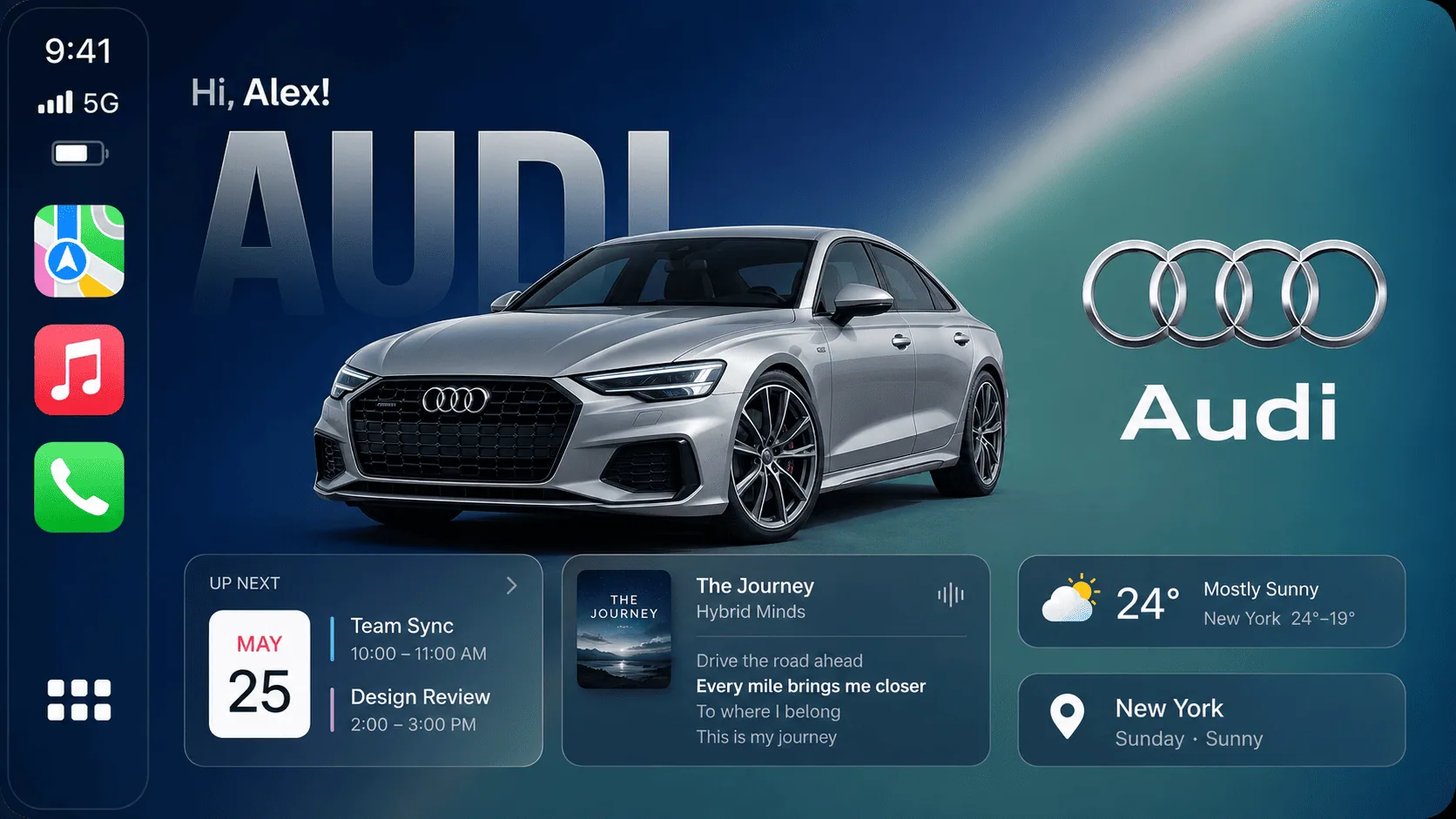 CARFACE widgets on an Audi CarPlay screen