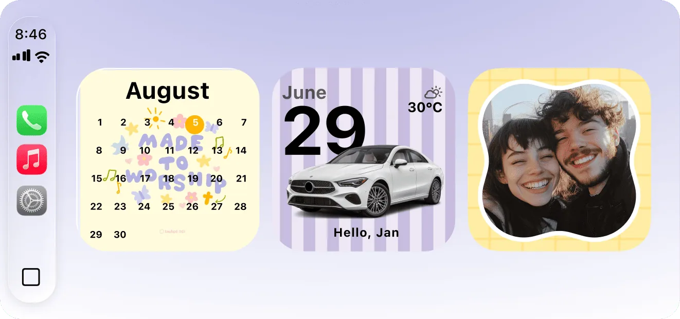 Calendar, date and photo widgets on a CarPlay screen