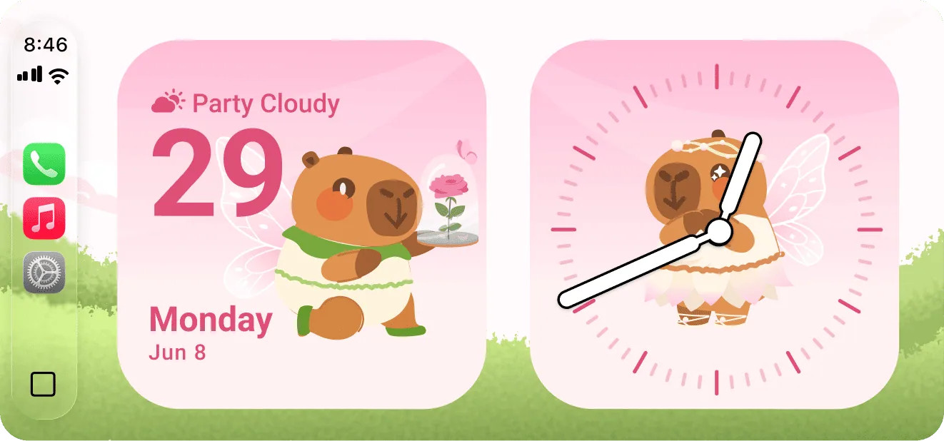 Character weather and clock widgets on a CarPlay screen