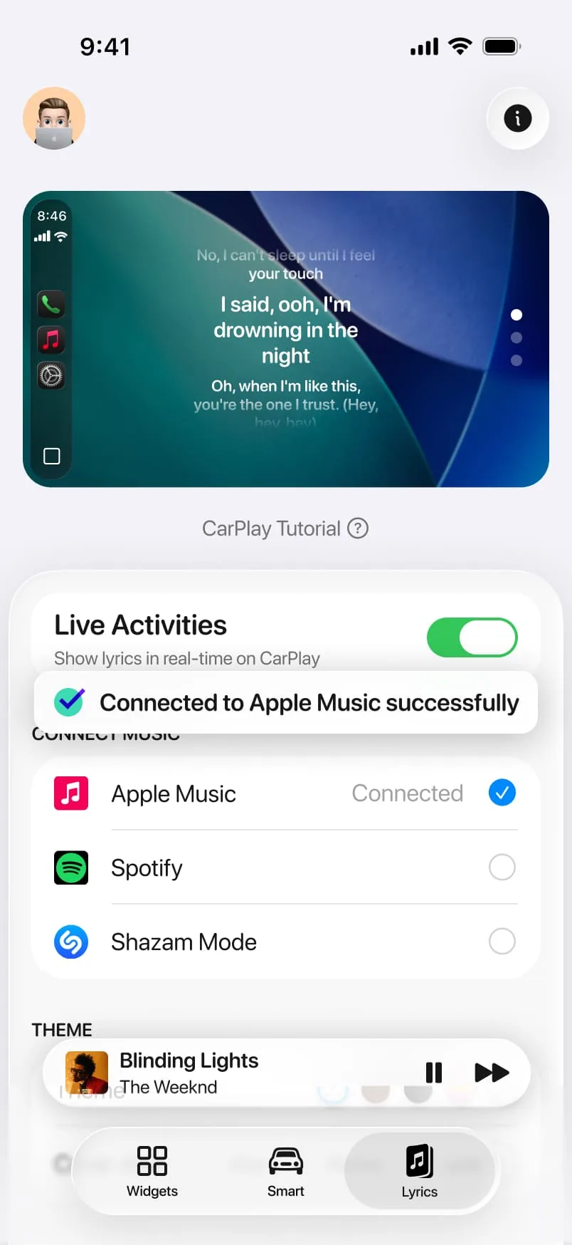 Connecting Apple Music in the CARFACE app