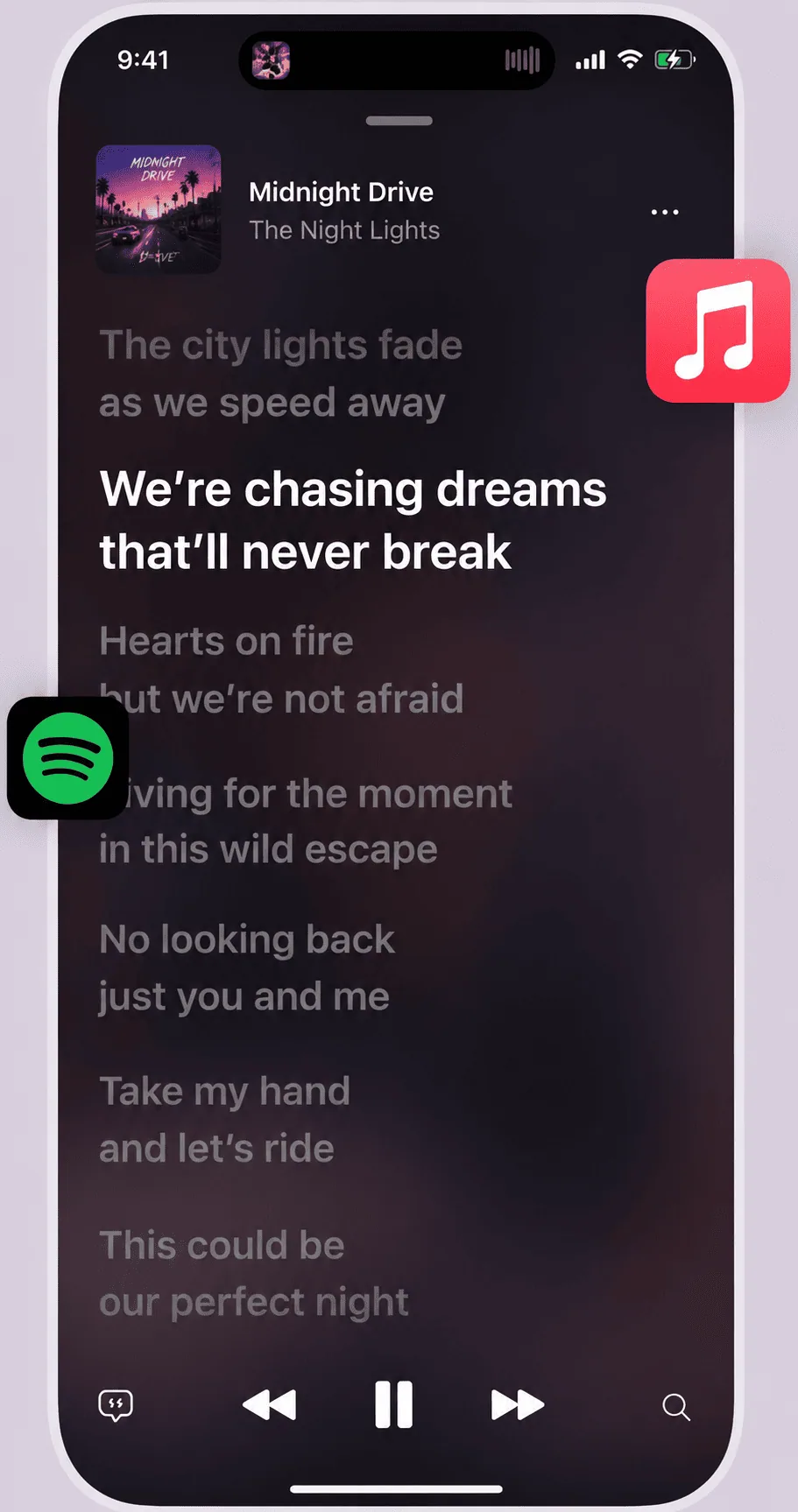 Lyrics running inside the CARFACE app